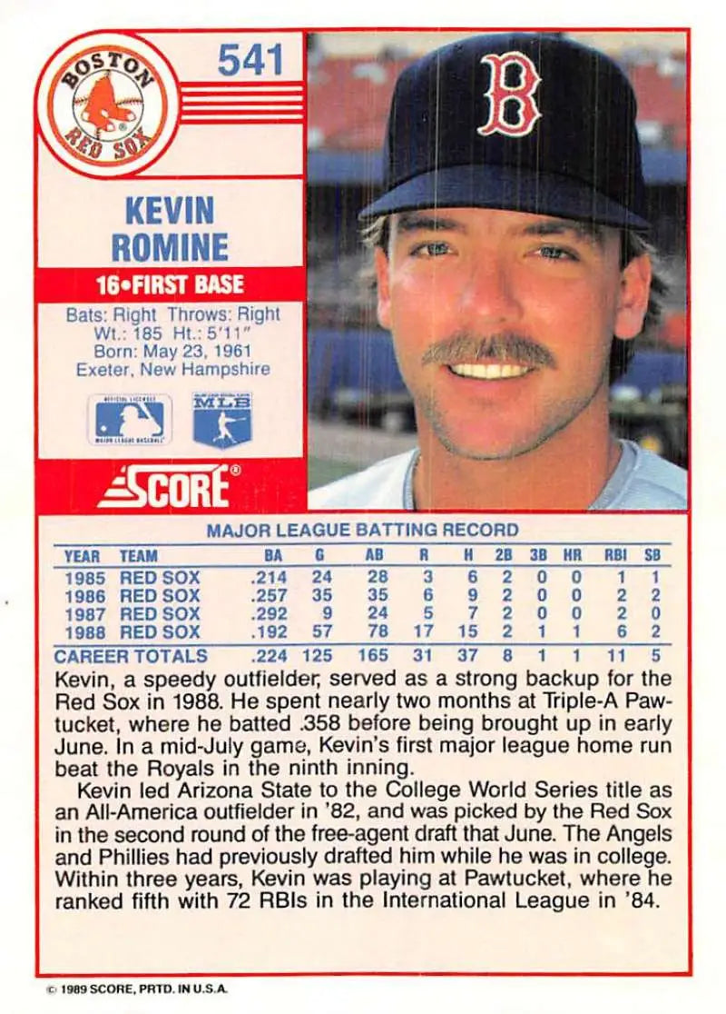 1989 Score #541 Kevin Romine NM-MT Boston Red Sox Baseball Card - Baseball Card Single