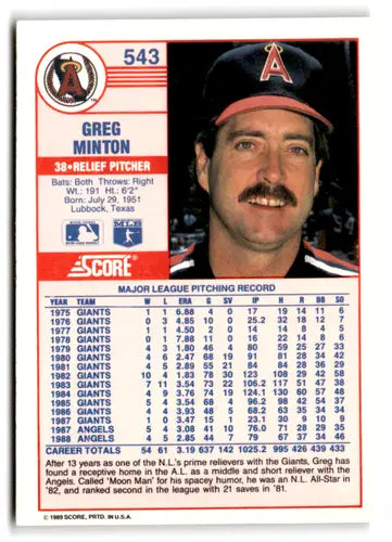 1989 Score #543 Greg Minton EX/NM Angels ID:66800 - Baseball Card Single