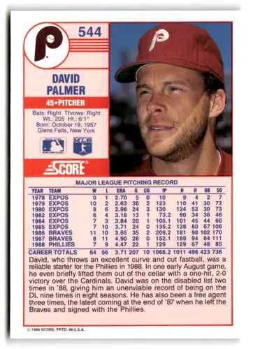 1989 Score #544 David Palmer EX/NM Phillies ID:66808 - Baseball Card Single
