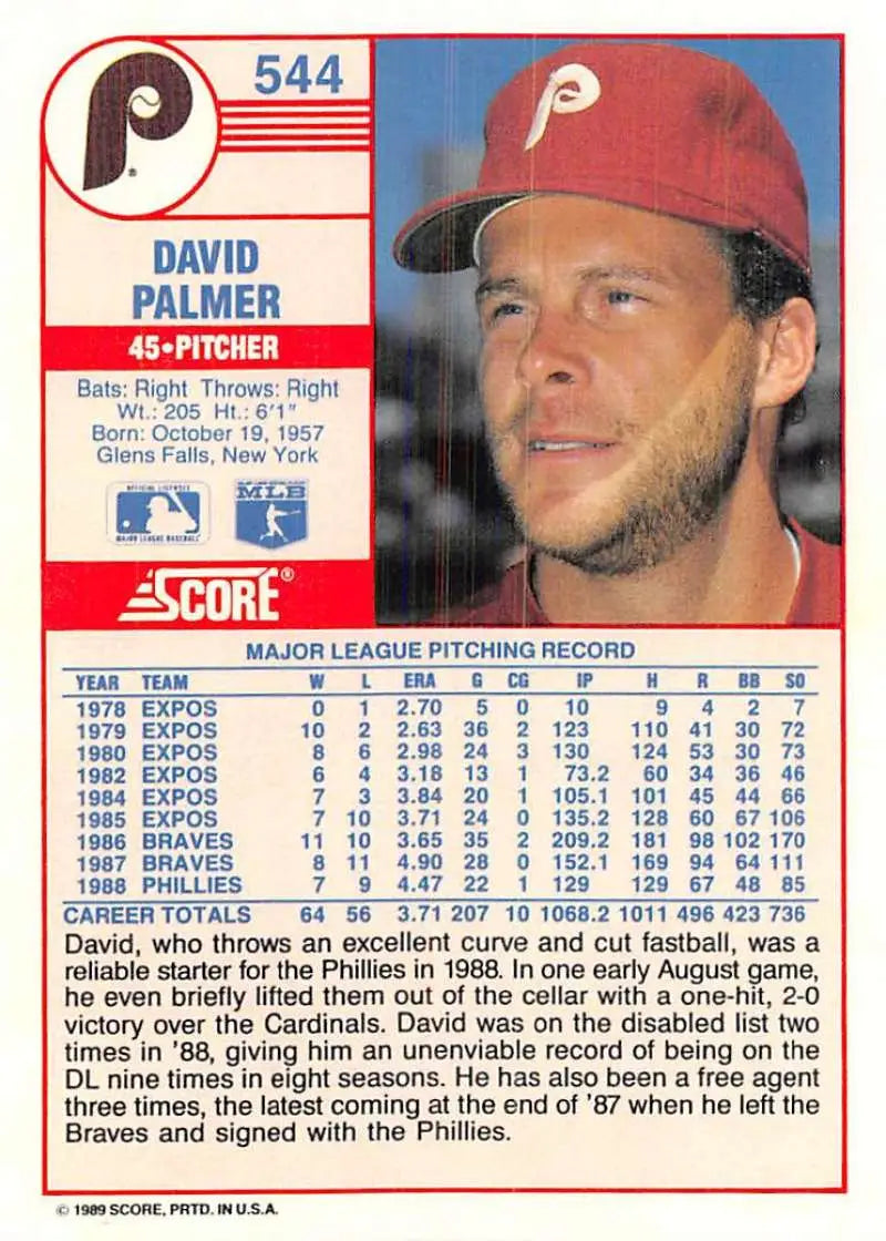 1989 Score #544 David Palmer NM-MT Philadelphia Phillies Baseball Card - Baseball Card Single