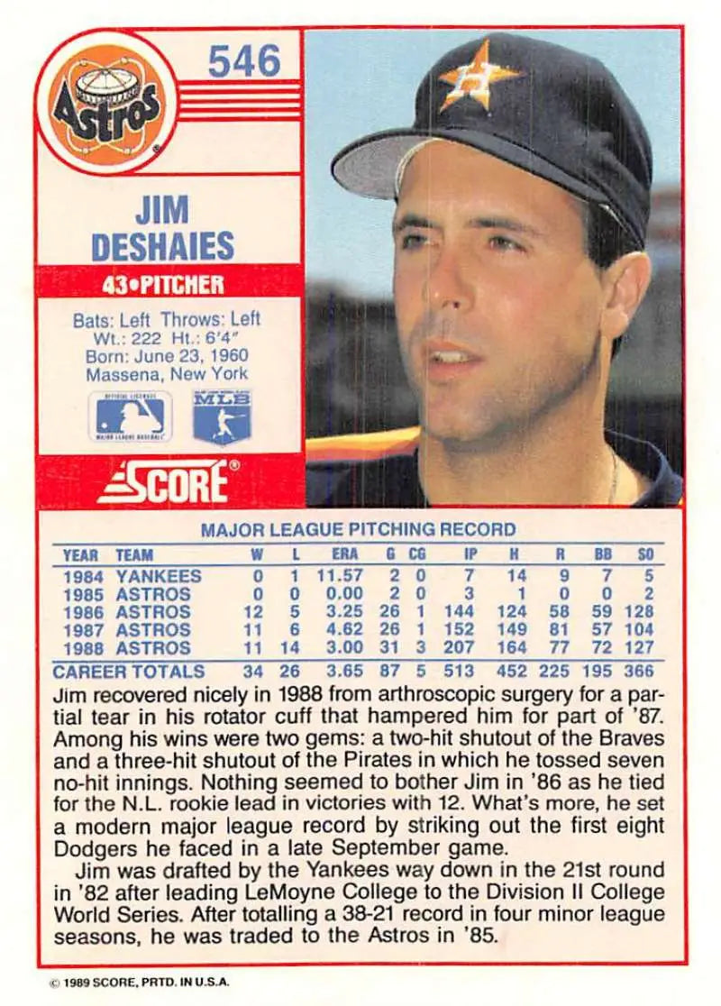 1989 Score #546 Jim Deshaies NM-MT Houston Astros Baseball Card - Baseball Card Single