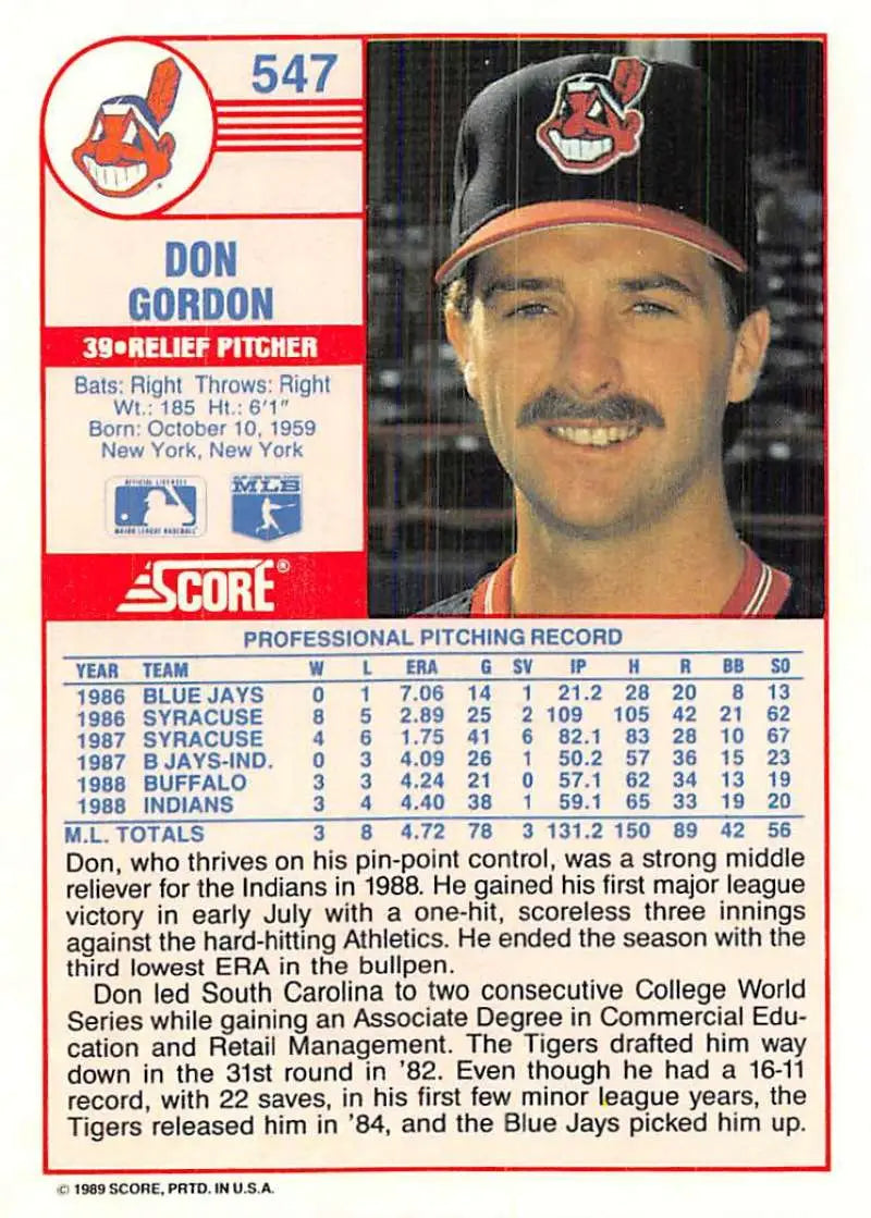 1989 Score #547 Don Gordon NM-MT Cleveland Indians Baseball Card - Baseball Card Single