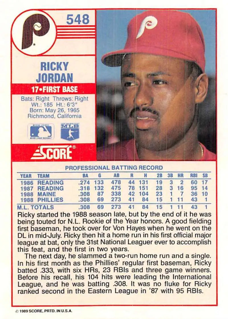 1989 Score #548 Ricky Jordan NM-MT Philadelphia Phillies Baseball Card - Baseball Card Single