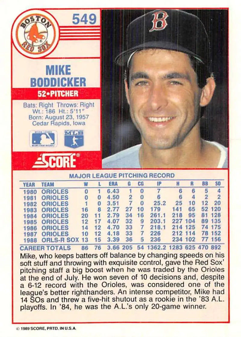 1989 Score #549 Mike Boddicker NM-MT Boston Red Sox Baseball Card - Baseball Card Single