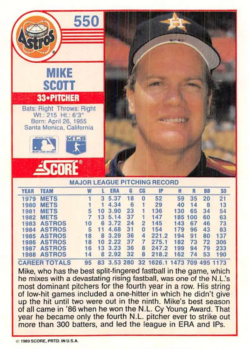 1989 Score #550 Mike Scott NM-MT Houston Astros Baseball Card - Baseball Card Single