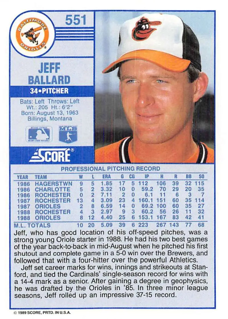 1989 Score #551 Jeff Ballard NM-MT Baltimore Orioles Baseball Card - Baseball Card Single