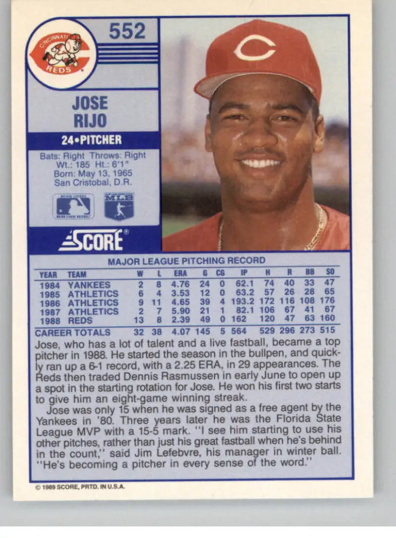 1989 Score #552 Jose Rijo NM-MT Cincinnati Reds Baseball Card - Baseball Card Single