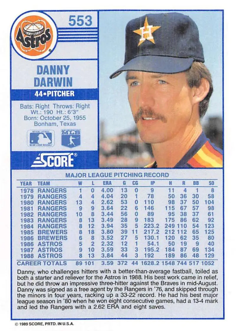 1989 Score #553 Danny Darwin NM-MT Houston Astros Baseball Card - Baseball Card Single
