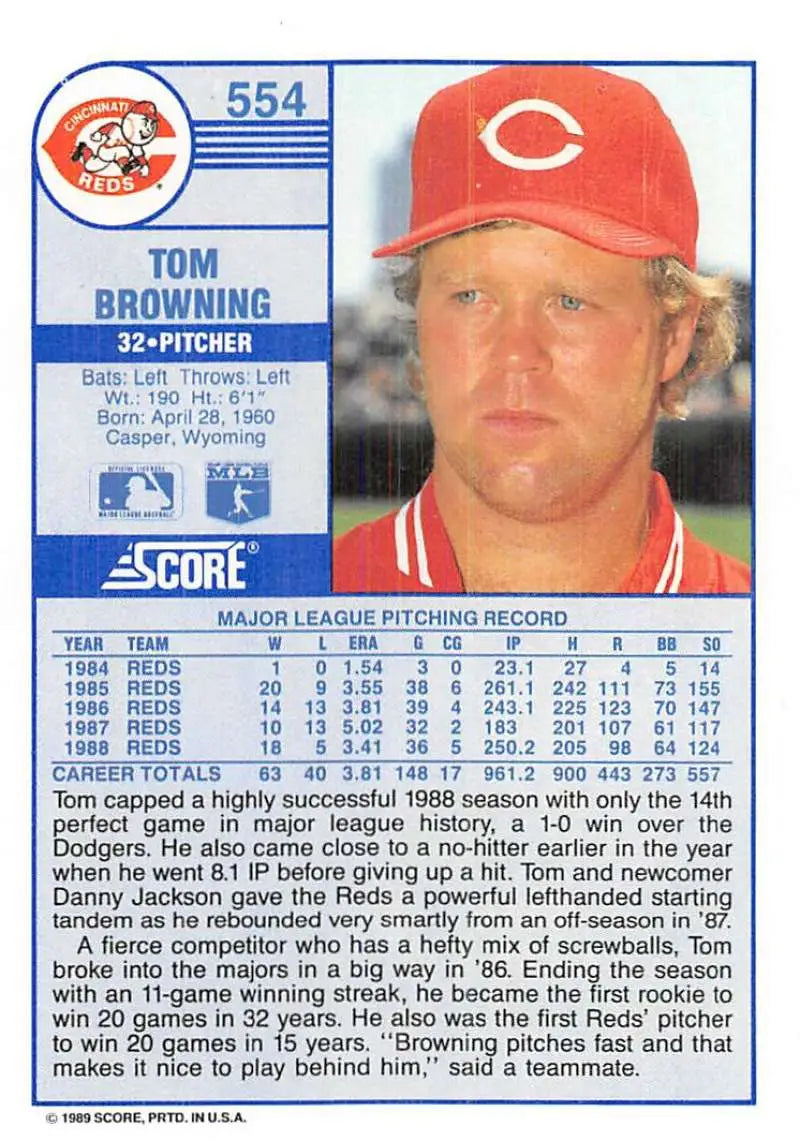 1989 Score #554 Tom Browning NM-MT Cincinnati Reds Baseball Card - Baseball Card Single
