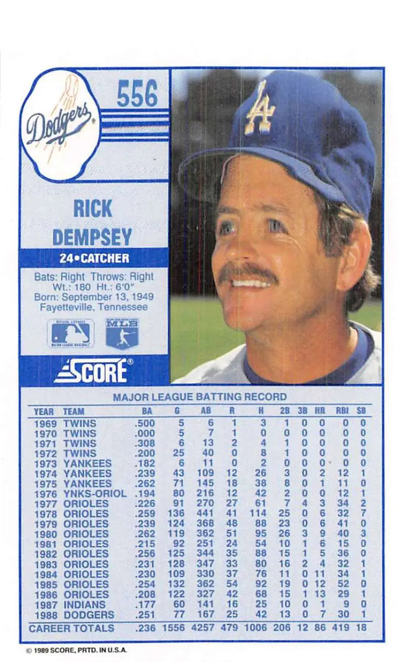 1989 Score #556 Rick Dempsey NM-MT Los Angeles Dodgers Baseball Card - Baseball Card Single