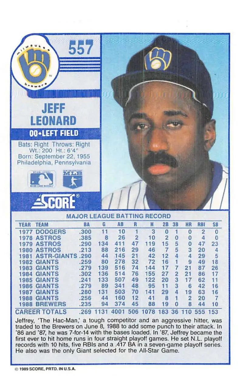 1989 Score #557 Jeffrey Leonard NM-MT Milwaukee Brewers Baseball Card - Baseball Card Single