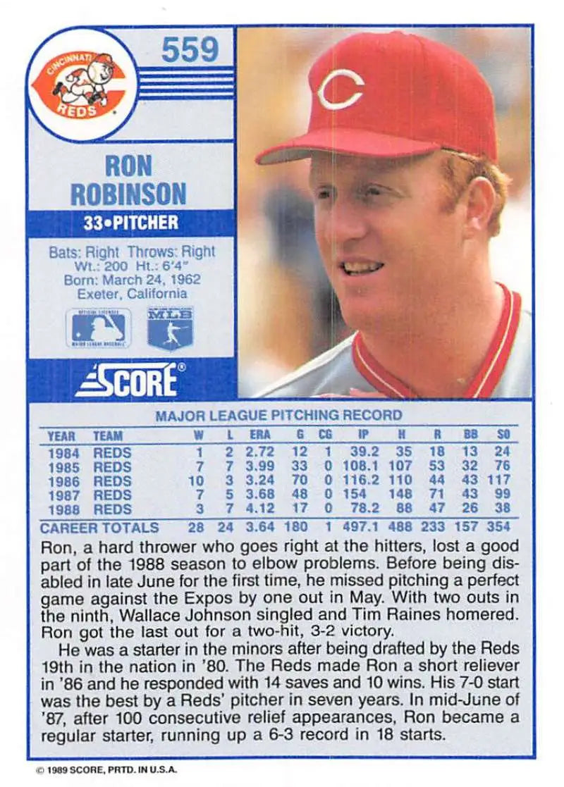 1989 Score #559 Ron Robinson NM-MT Cincinnati Reds Baseball Card - Baseball Card Single