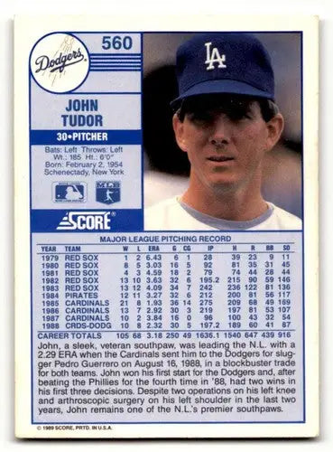 Original gloss John Tudor Dodgers baseball card from 1989 Score #560 showcased