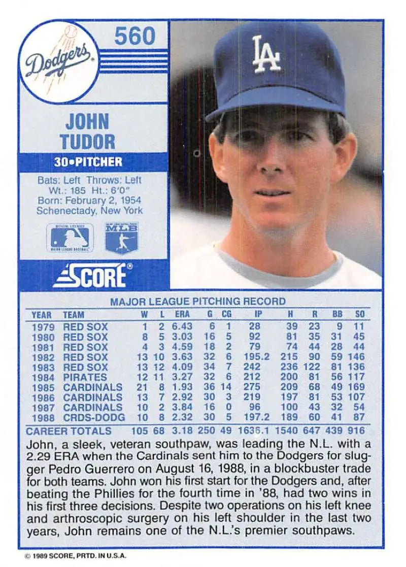 1989 Score #560 John Tudor NM-MT Los Angeles Dodgers Baseball Card - Baseball Card Single