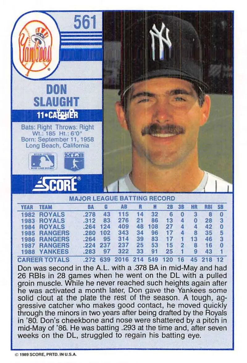1989 Score #561 Don Slaught NM-MT New York Yankees Baseball Card - Baseball Card Single