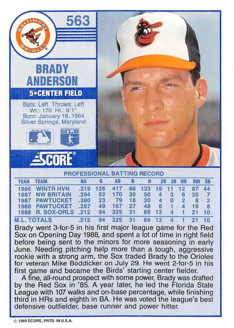 1989 Score #563 Brady Anderson NM-MT Baltimore Orioles Baseball Card - Baseball Card Single
