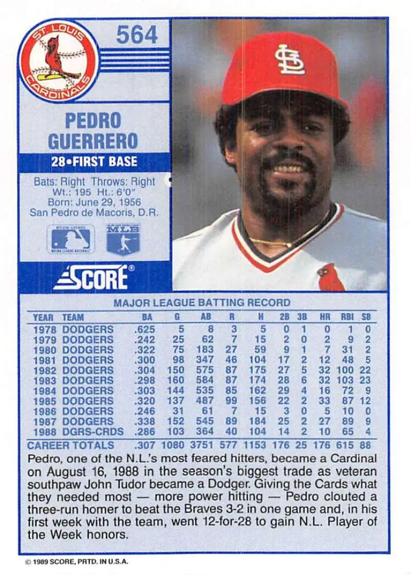 1989 Score #564 Pedro Guerrero NM-MT St. Louis Cardinals Baseball Card - Baseball Card Single
