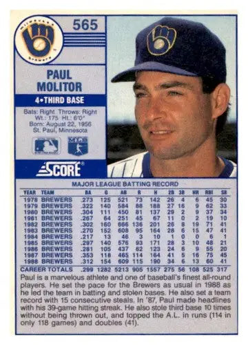 Original gloss Paul Molitor Milwaukee baseball card 1989 Score Molitor Milwaukee Brewers