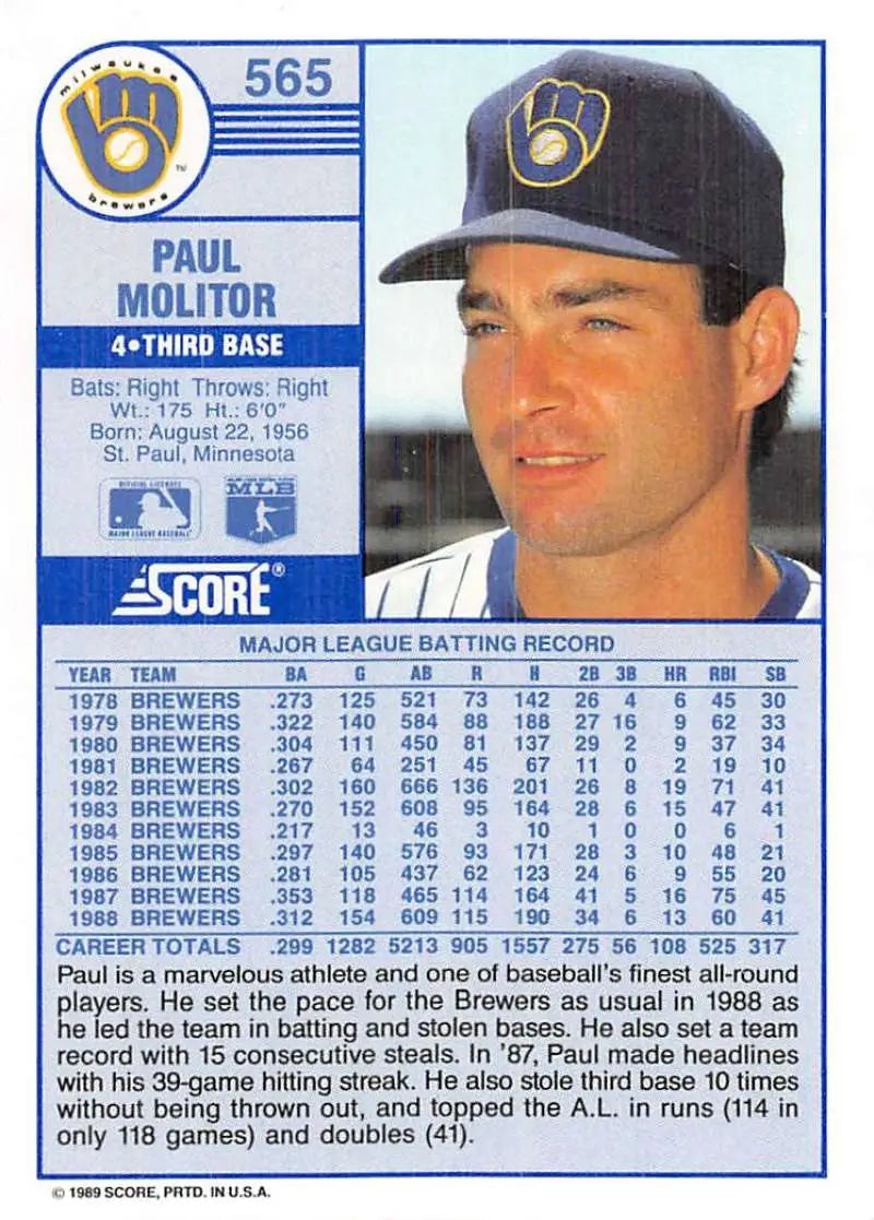 1989 Score #565 Paul Molitor NM-MT Milwaukee Brewers Baseball Card - Baseball Card Single
