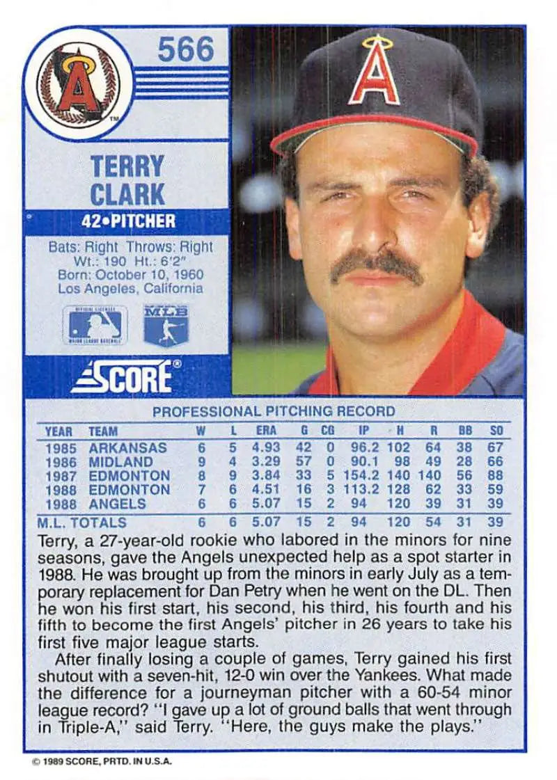 1989 Score #566 Terry Clark NM-MT RC Rookie California Angels Baseball Card - Baseball Card Single