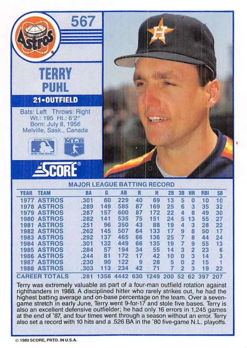 1989 Score #567 Terry Puhl NM-MT Houston Astros Baseball Card - Baseball Card Single