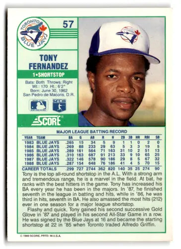 1989 Score #57 Tony Fernandez EX/NM Blue Jays ID:66801 - Baseball Card Single