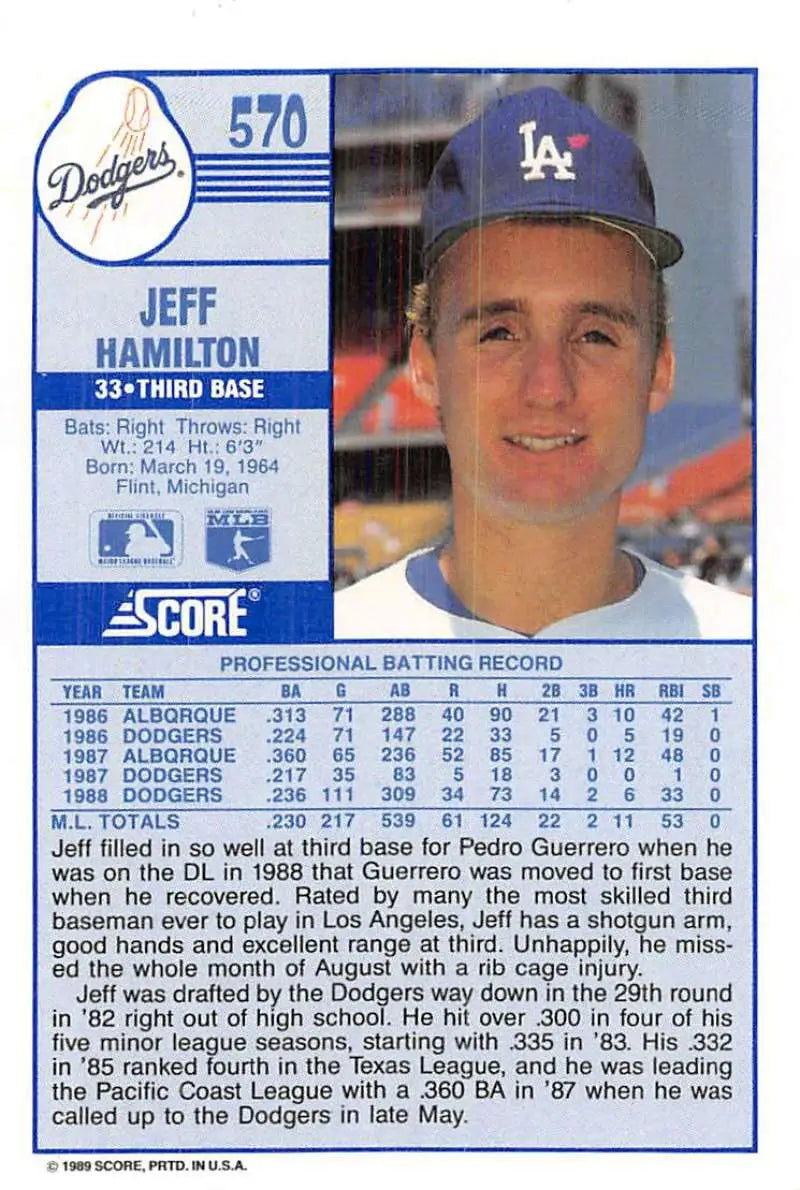 1989 Score #570 Jeff Hamilton NM-MT Los Angeles Dodgers Baseball Card - Baseball Card Single