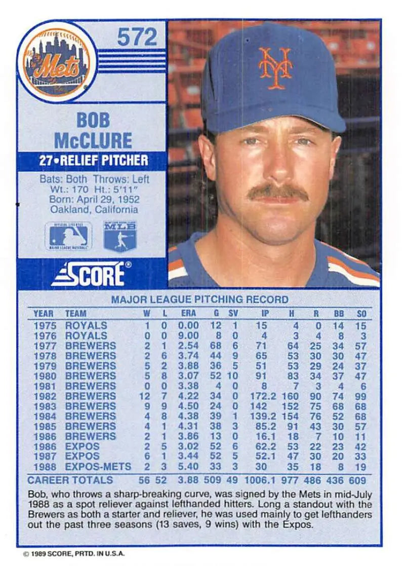 1989 Score #572 Bob McClure NM-MT New York Mets Baseball Card - Baseball Card Single