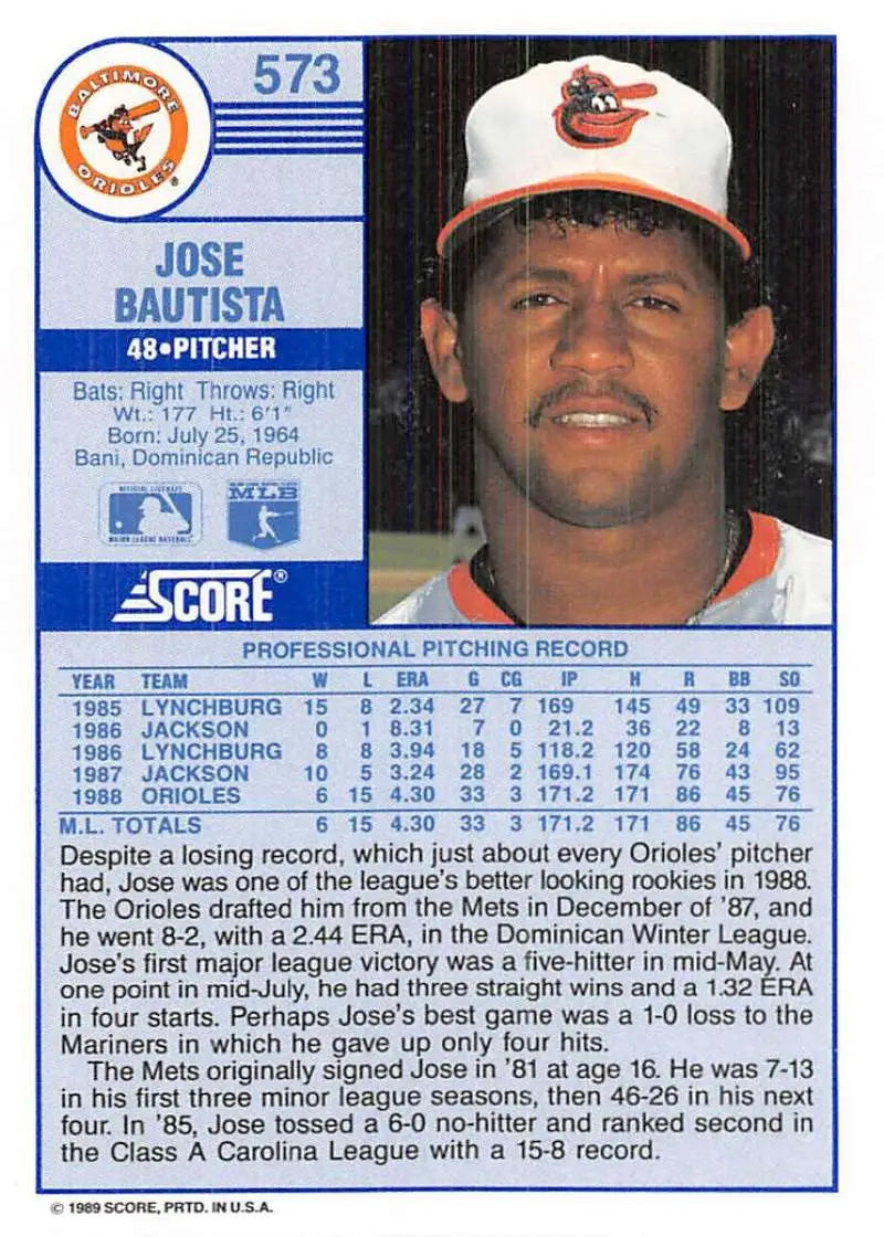 1989 Score #573 Jose Bautista NM-MT Baltimore Orioles Baseball Card - Baseball Card Single