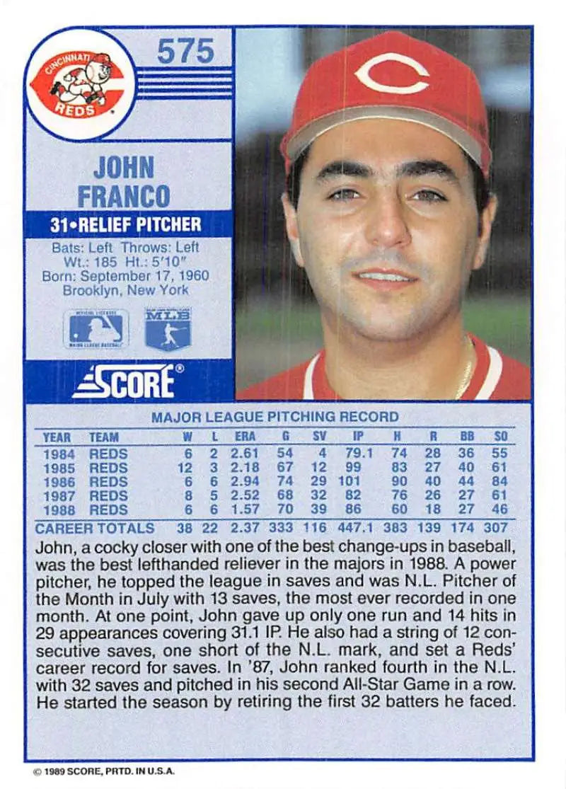 1989 Score #575 John Franco NM-MT Cincinnati Reds Baseball Card - Baseball Card Single