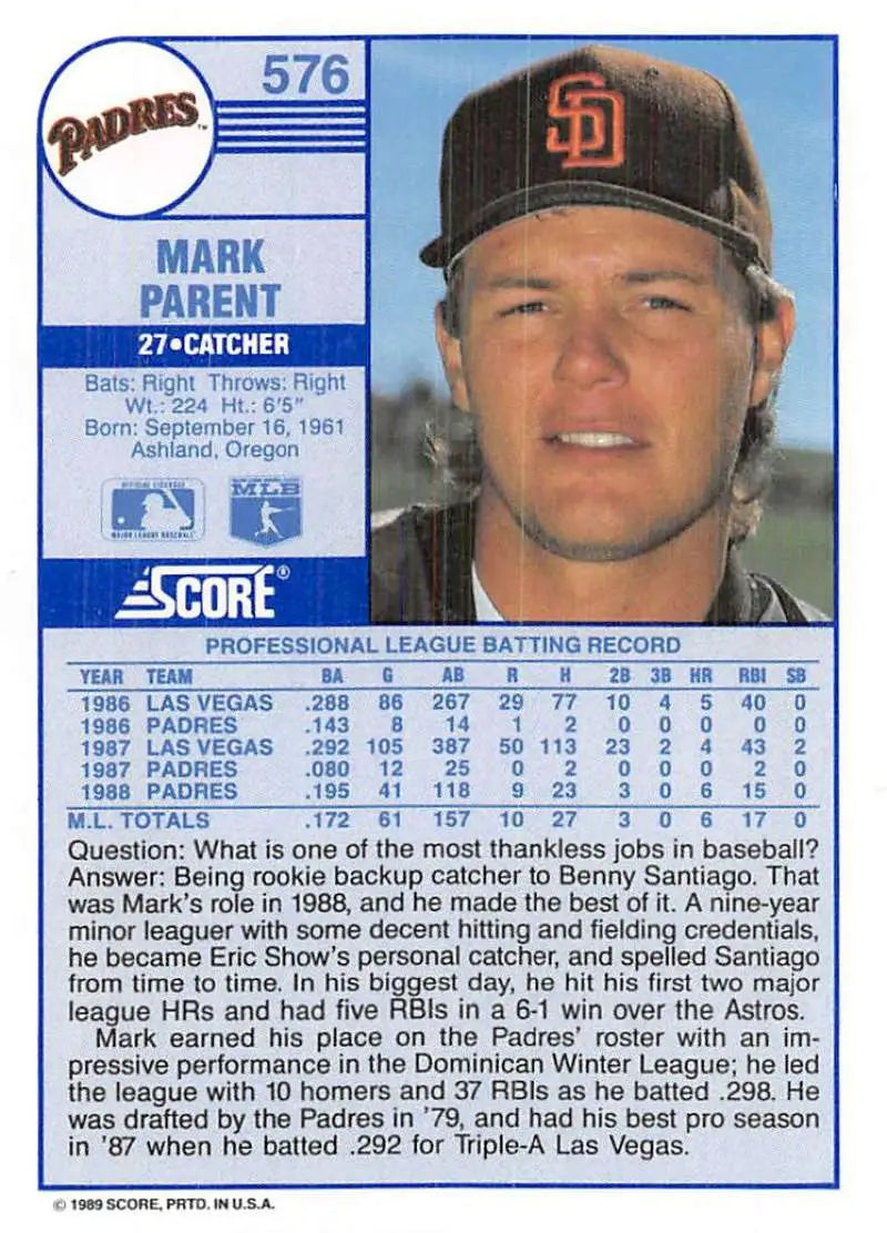 1989 Score #576 Mark Parent NM-MT RC Rookie San Diego Padres Baseball Card - Baseball Card Single