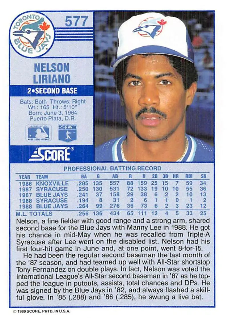 1989 Score #577 Nelson Liriano NM-MT Toronto Blue Jays Baseball Card - Baseball Card Single