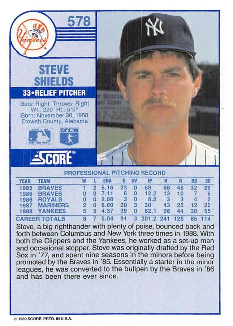 1989 Score #578 Steve Shields NM-MT New York Yankees Baseball Card - Baseball Card Single
