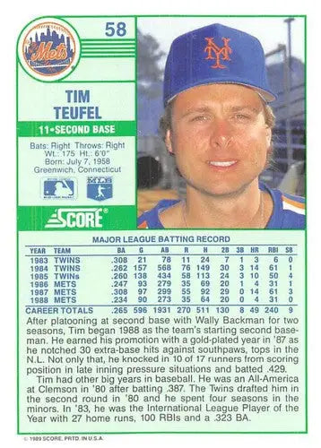1989 Score #58 Tim Teufel NM-MT Mets ID:80267 - Baseball Card Single