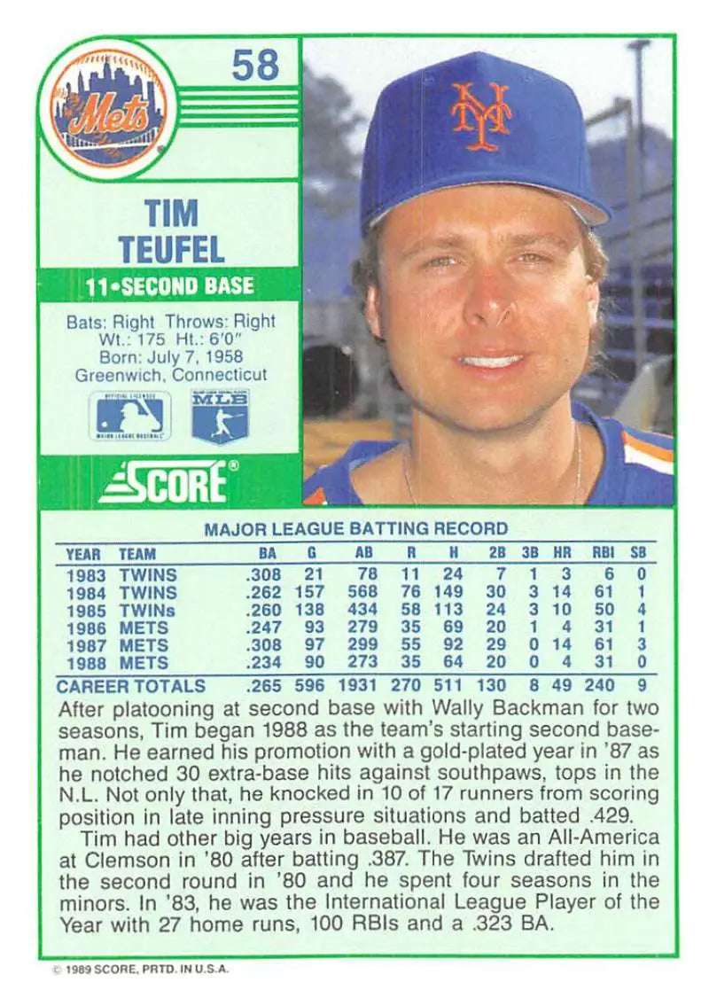 1989 Score #58 Tim Teufel NM-MT New York Mets Baseball Card - Baseball Card Single