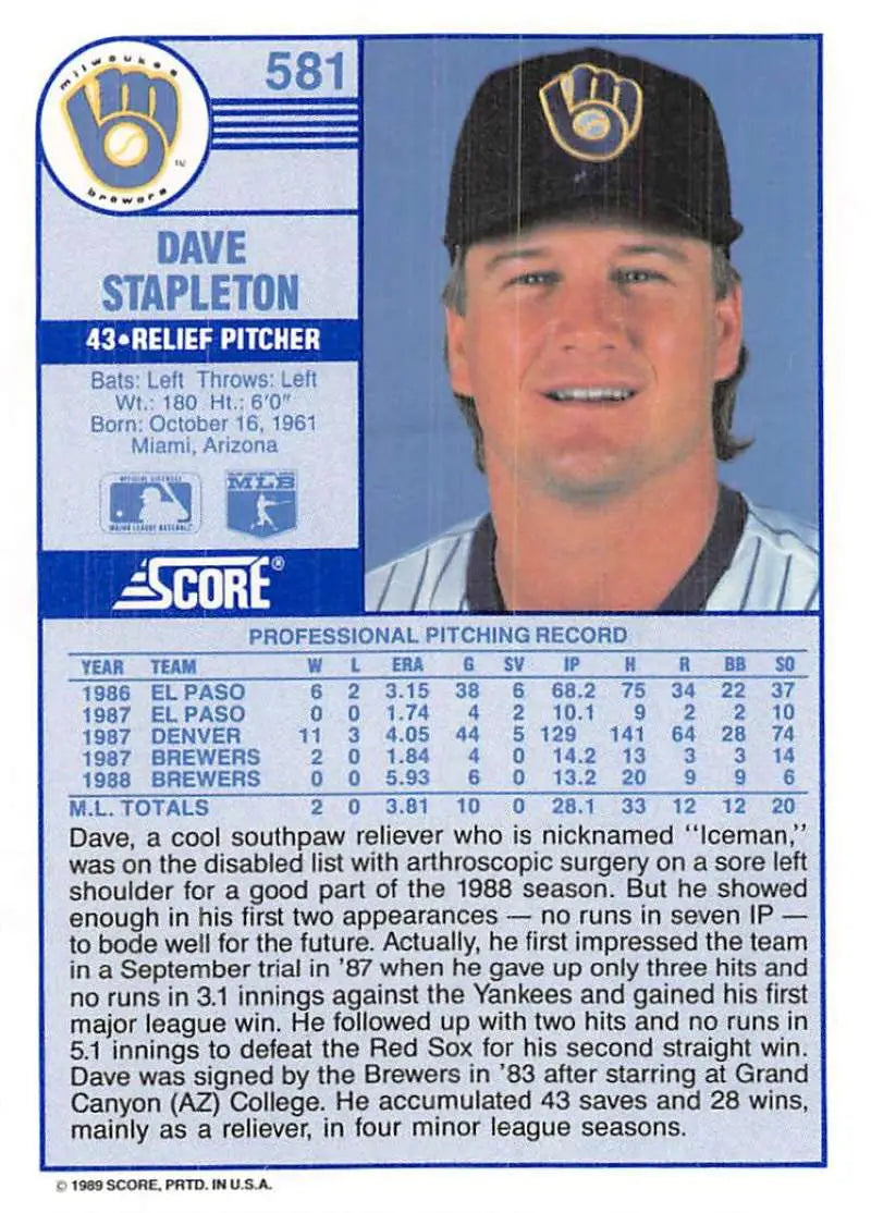 1989 Score #581 Dave Stapleton NM-MT Milwaukee Brewers Baseball Card - Baseball Card Single