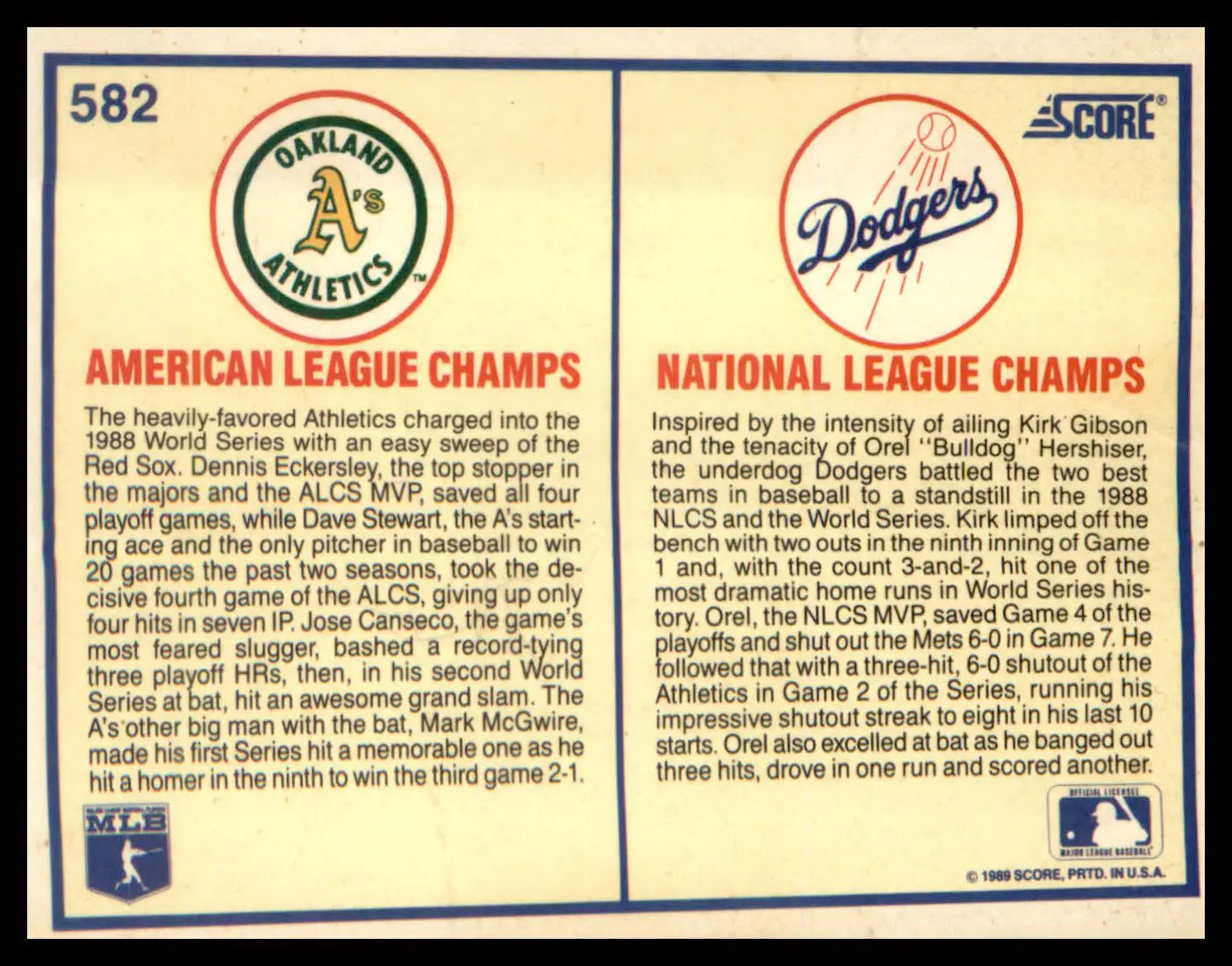 1989 Score #582 1988 World Series Oakland A’s - Baseball Card Single