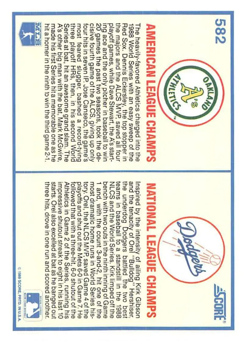 1989 Score #582 Orel Hershiser/Kirk Gibson/Jose Canseco/Dave Stewart NM-MT Oakland A’s/Los Angeles Dodgers Baseball
