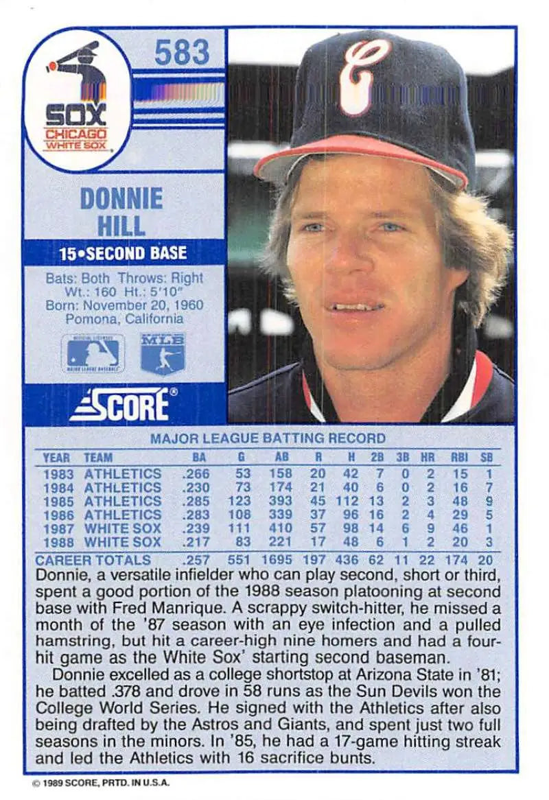 1989 Score #583 Donnie Hill NM-MT Chicago White Sox Baseball Card - Baseball Card Single