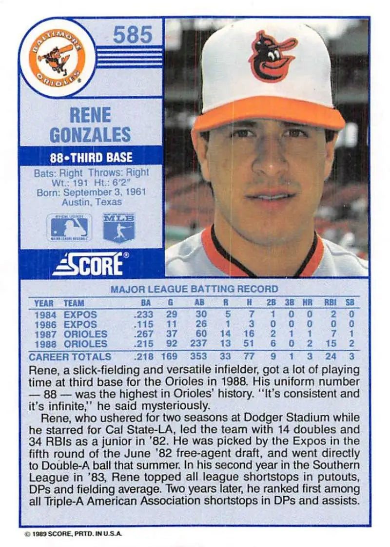 1989 Score #585 Rene Gonzales NM-MT Baltimore Orioles Baseball Card - Baseball Card Single
