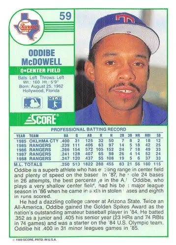 1989 Score #59 Oddibe McDowell NM-MT Rangers ID:80284 - Baseball Card Single