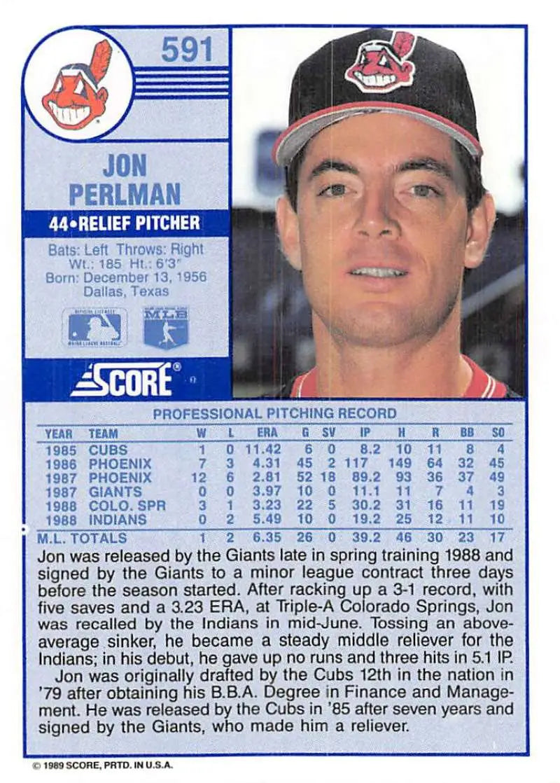 1989 Score #591 Jon Perlman NM-MT Cleveland Indians Baseball Card - Baseball Card Single