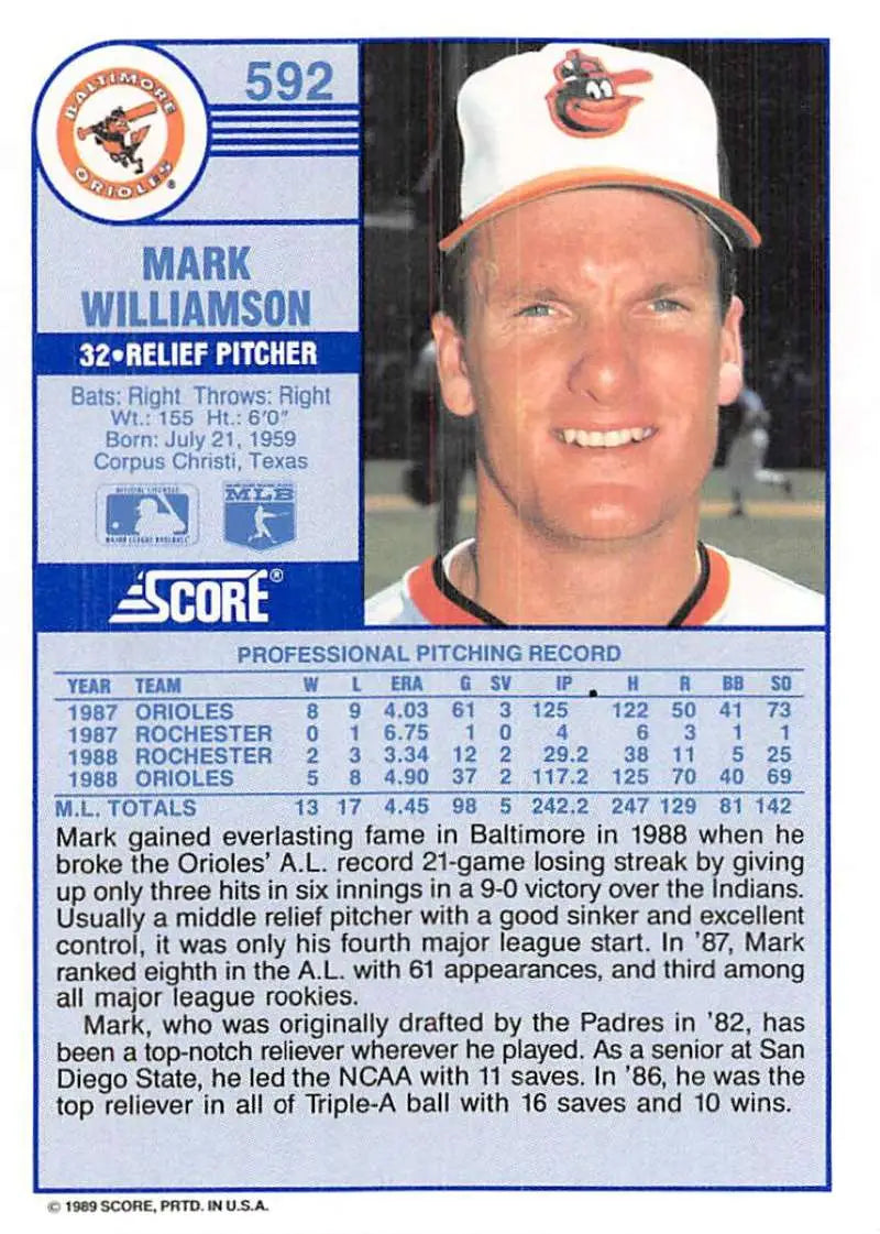 1989 Score #592 Mark Williamson NM-MT Baltimore Orioles Baseball Card - Baseball Card Single