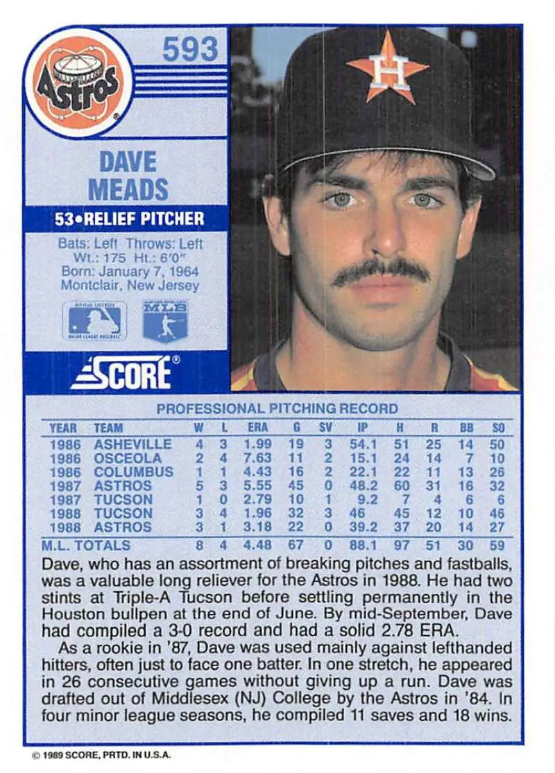 1989 Score #593 Dave Meads NM-MT Houston Astros Baseball Card - Baseball Card Single