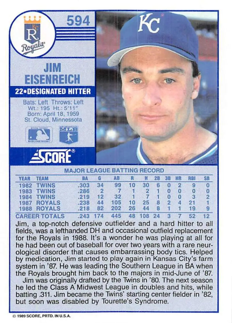 1989 Score #594 Jim Eisenreich NM-MT Kansas City Royals Baseball Card - Baseball Card Single