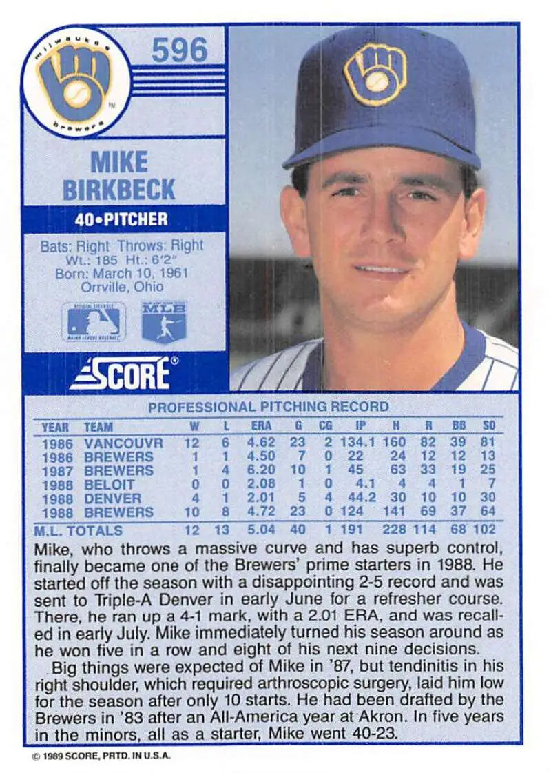 1989 Score #596 Mike Birkbeck NM-MT Milwaukee Brewers Baseball Card - Baseball Card Single