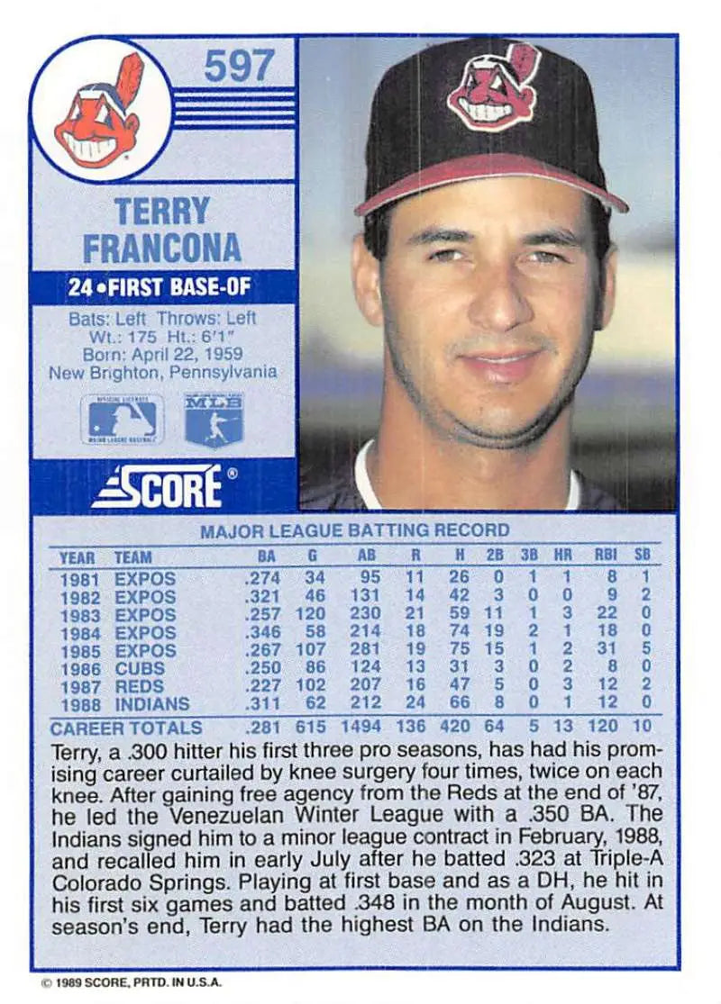 1989 Score #597 Terry Francona NM-MT Cleveland Indians Baseball Card - Baseball Card Single
