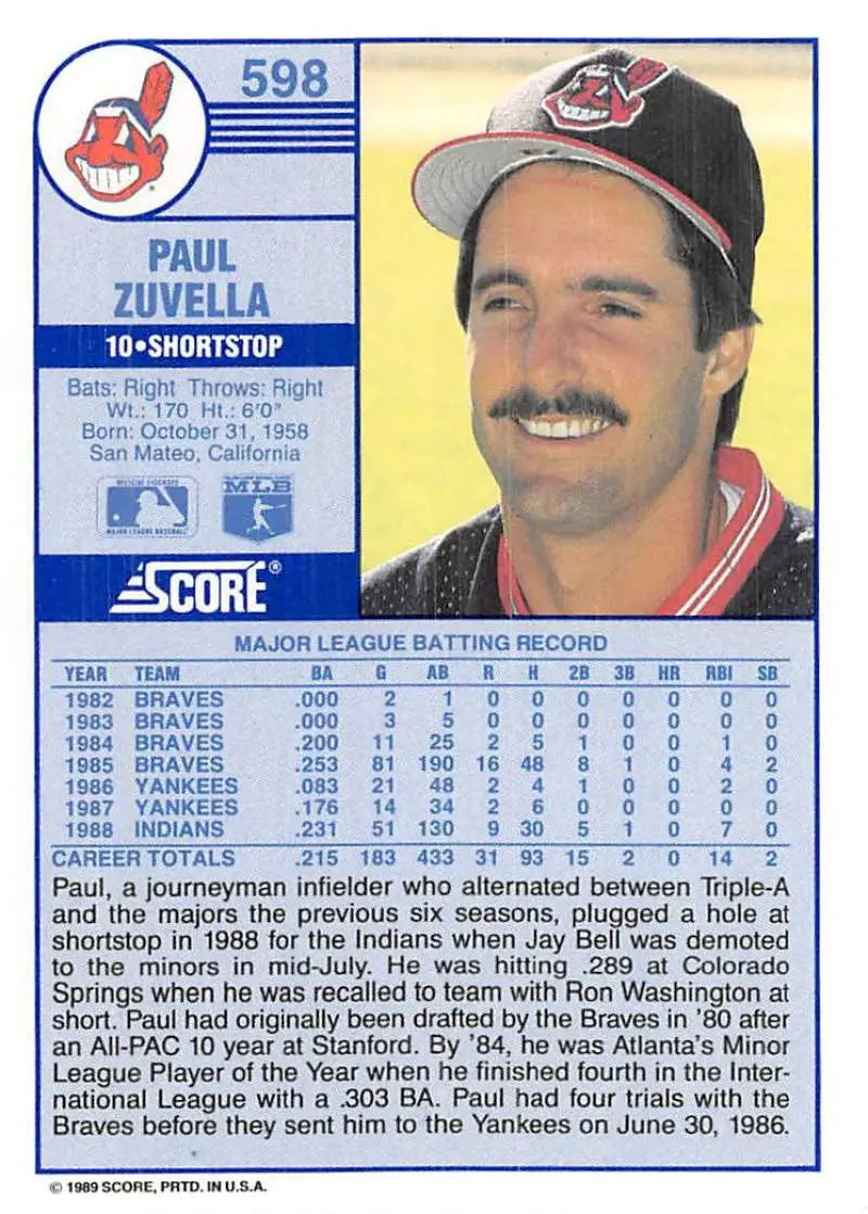 1989 Score #598 Paul Zuvella NM-MT Cleveland Indians Baseball Card - Baseball Card Single