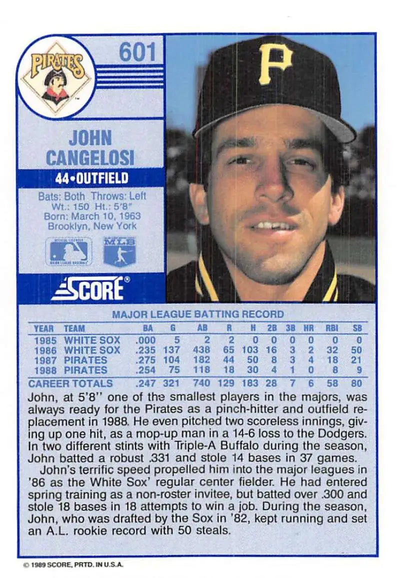 1989 Score #601 John Cangelosi NM-MT Pittsburgh Pirates Baseball Card - Baseball Card Single