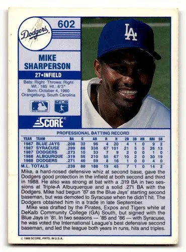 1989 Score Mike Sharperson Los Angeles Dodgers baseball card for sale